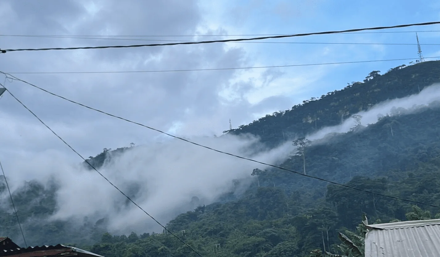 Mist drifting across a forested mountain above village rooftops