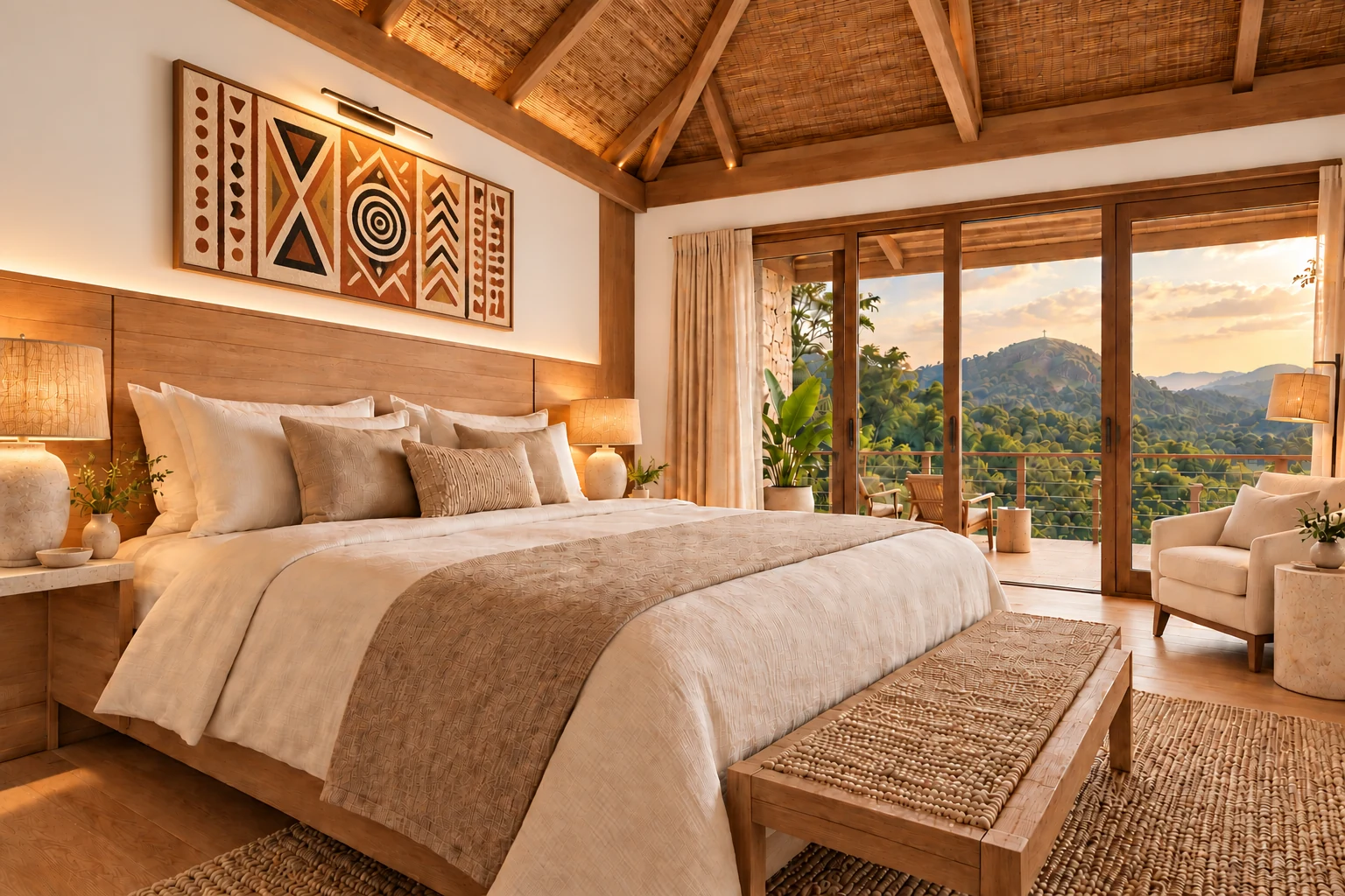 Concept visual of a White Marble chalet bedroom with timber finishes and mountain views