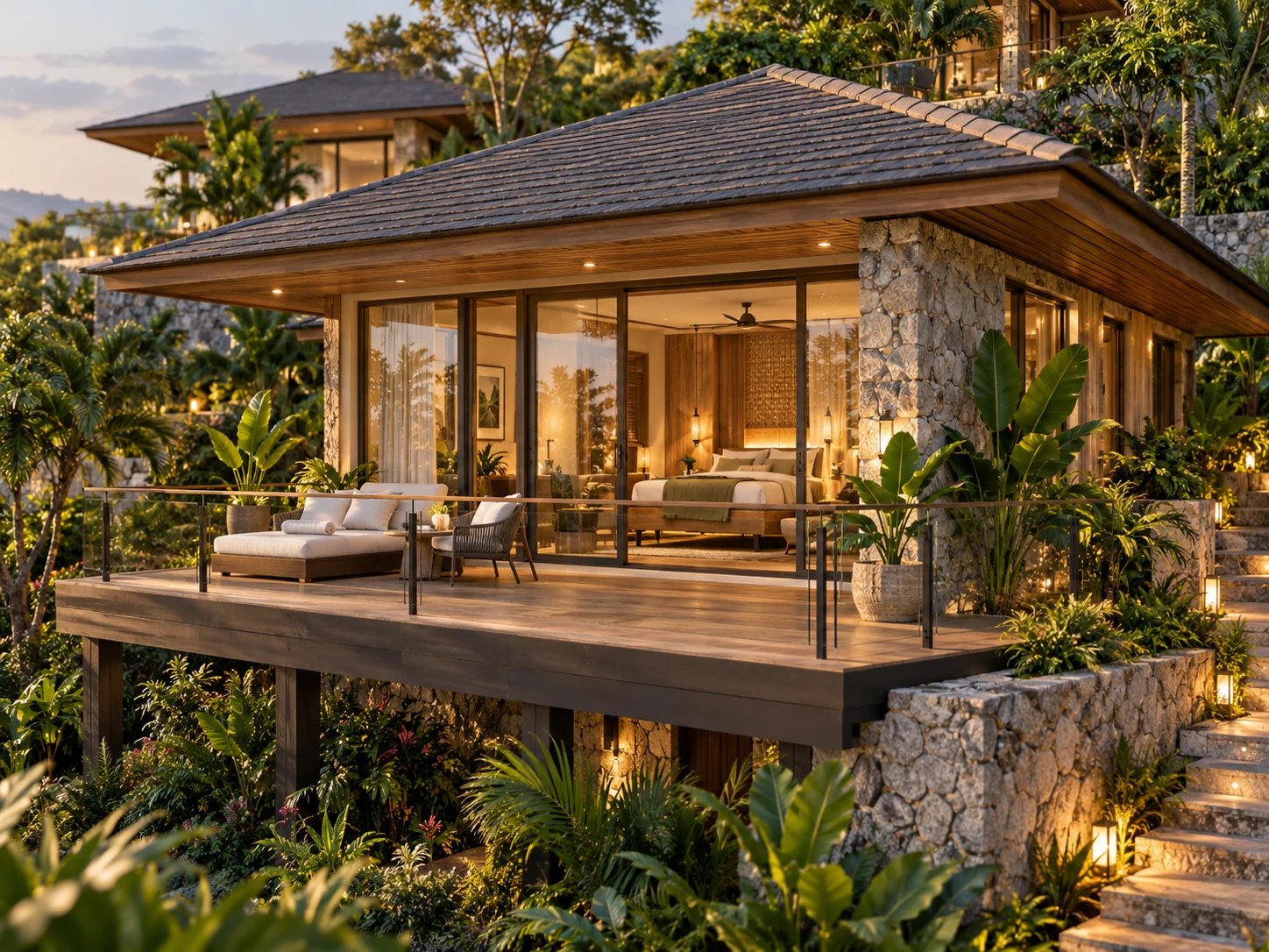Concept visual of a hillside chalet with a terrace, natural stone and timber