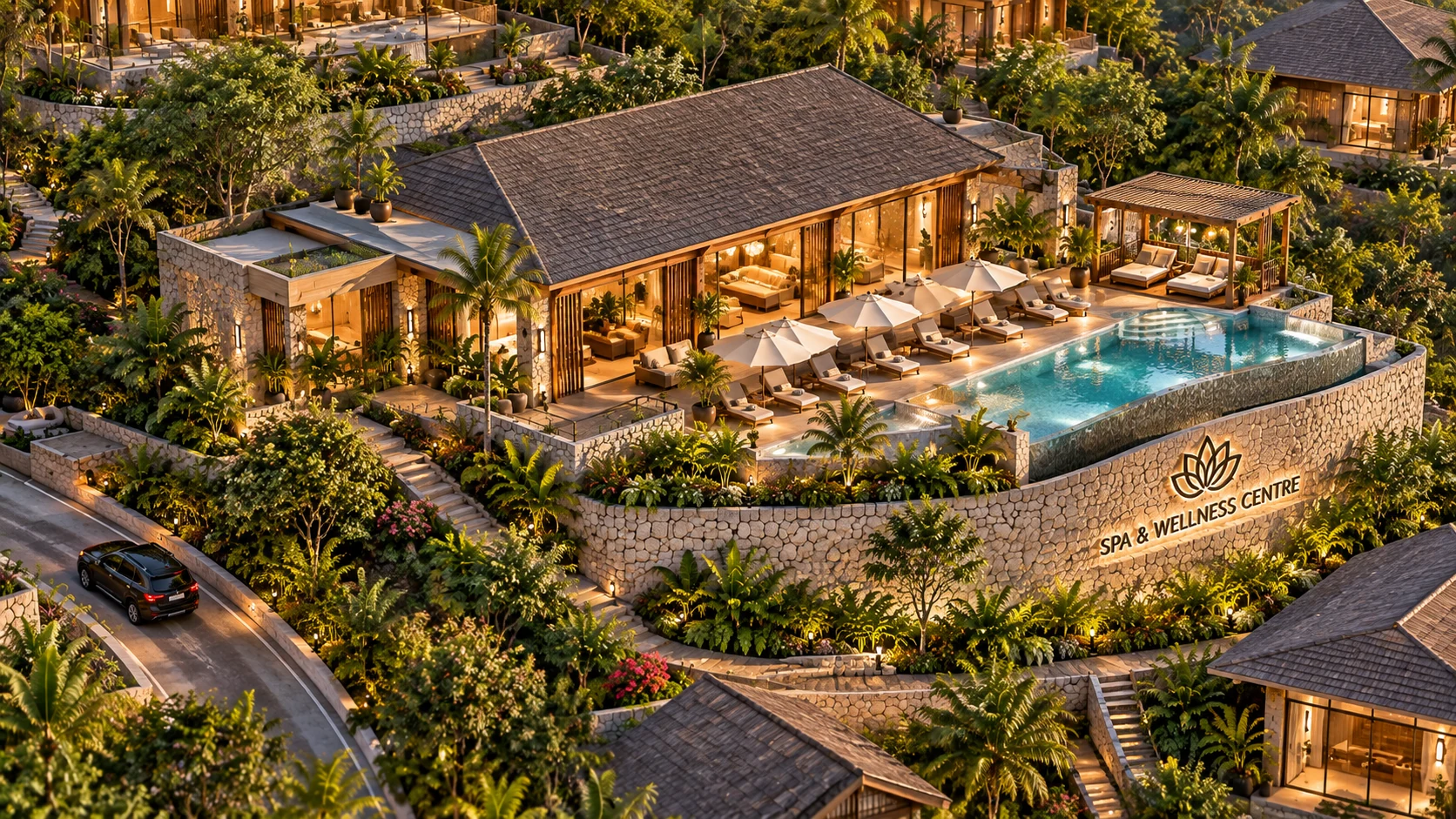 Concept visual of the planned spa and wellness centre among hillside chalets